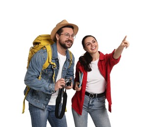 Photo of Tourism. Happy couple with backpack and camera on white background