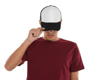 Photo of Man in stylish baseball cap on white background. Mockup for design