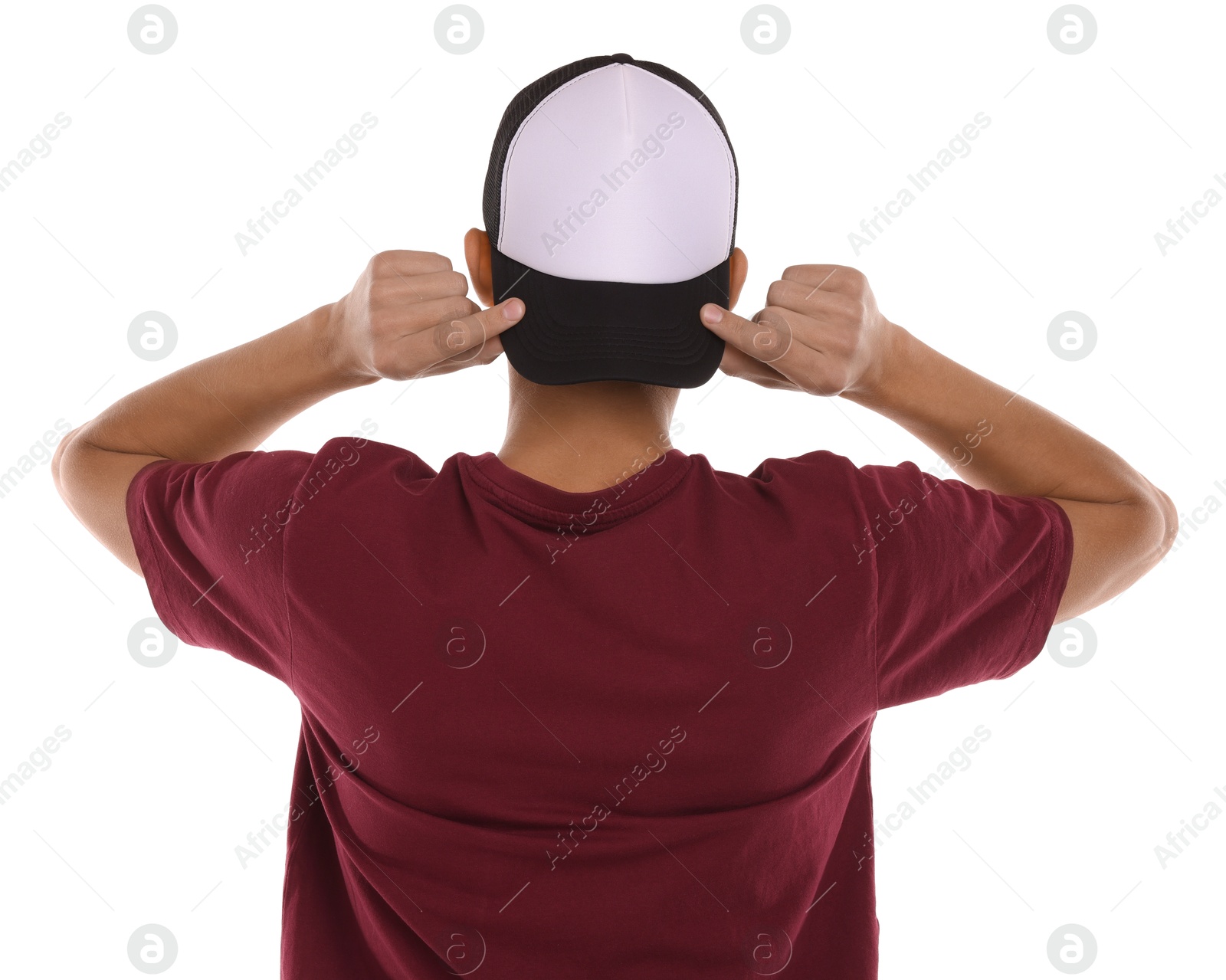 Photo of Man in stylish baseball cap on white background, back view. Mockup for design