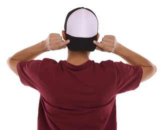 Photo of Man in stylish baseball cap on white background, back view. Mockup for design