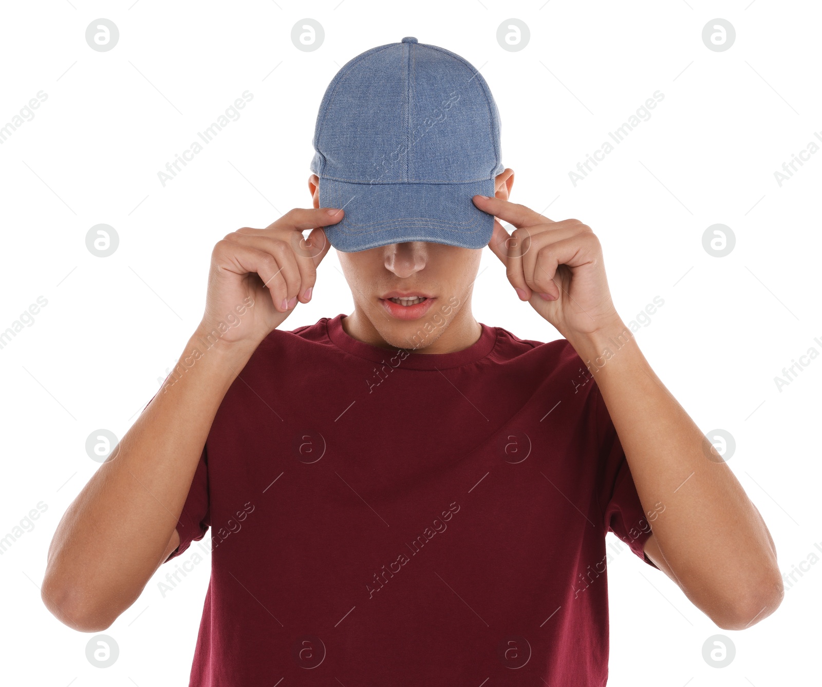 Photo of Man in stylish baseball cap on white background. Mockup for design