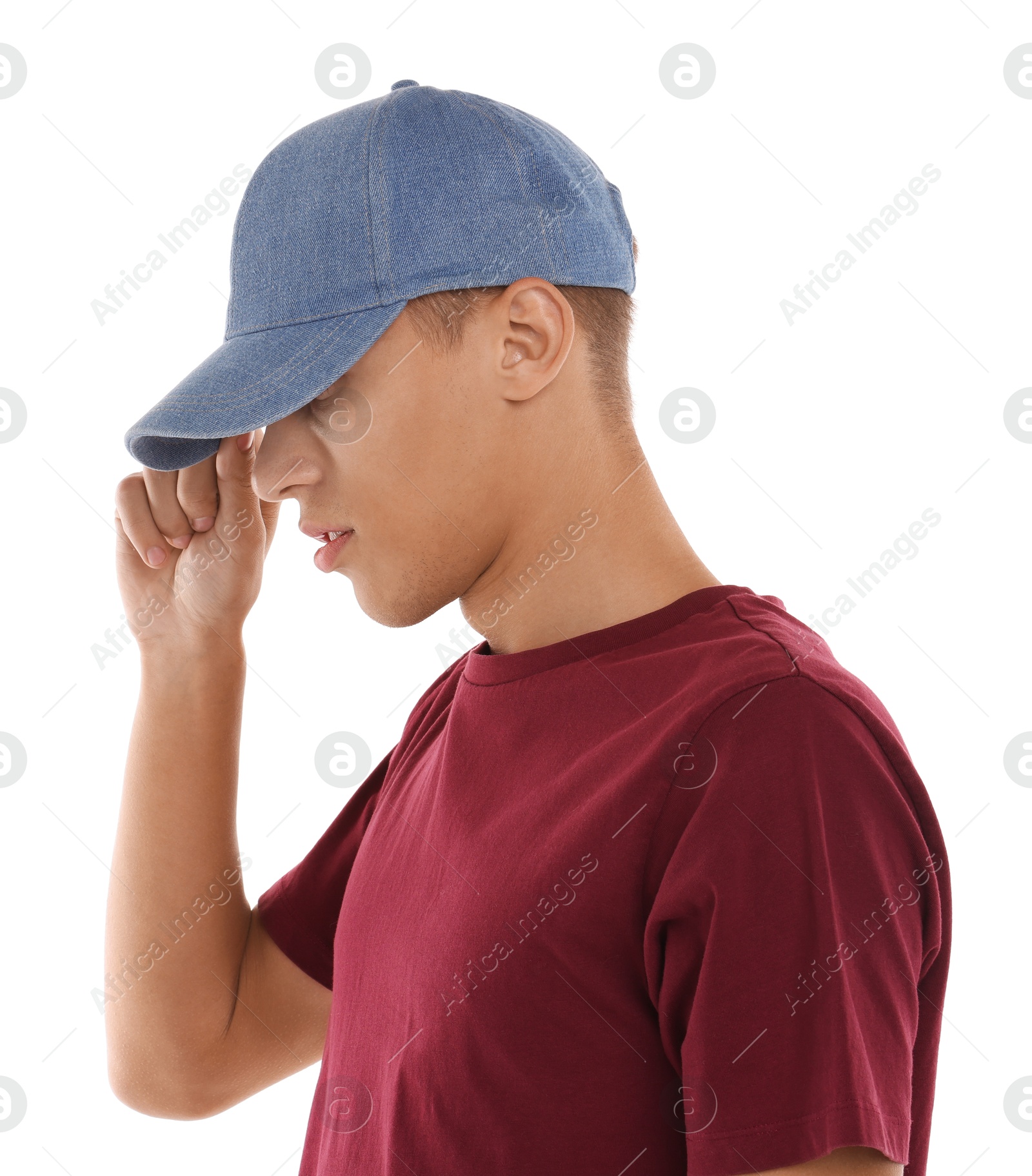 Photo of Man in stylish baseball cap on white background. Mockup for design