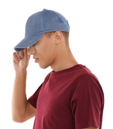 Man in stylish baseball cap on white background. Mockup for design