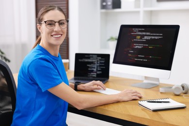 Photo of Programmer working on laptop and computer at wooden desk indoors