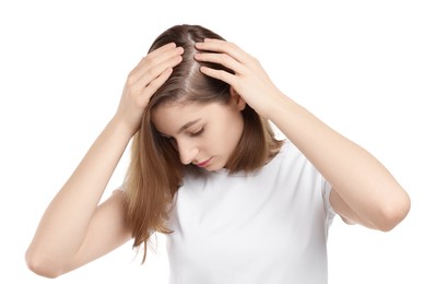 Photo of Girl with hair loss problem on white background