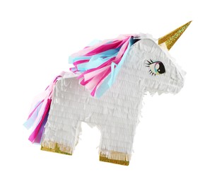 Photo of Colorful unicorn shaped pinata isolated on white