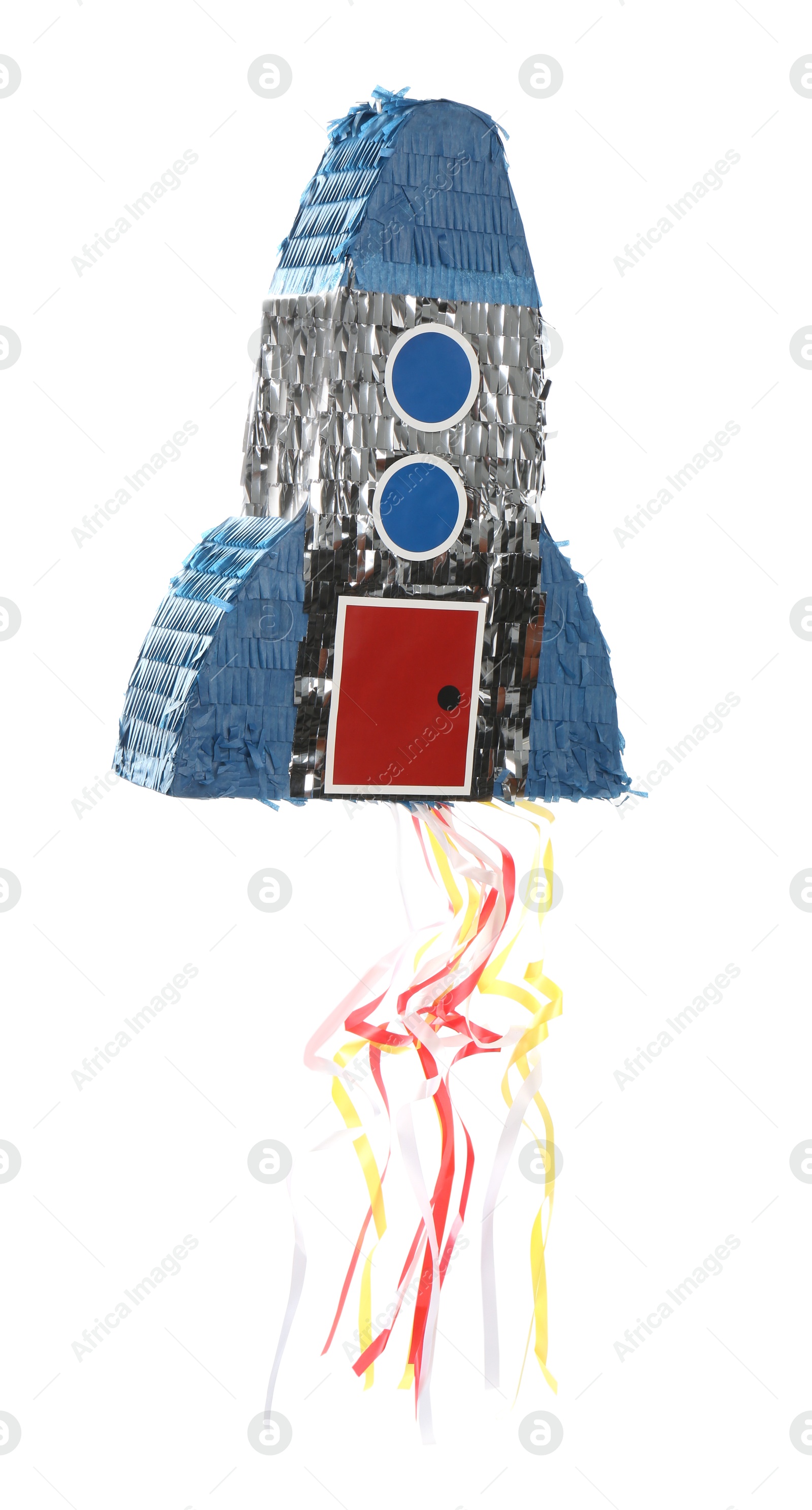 Photo of Colorful rocket shaped pinata isolated on white