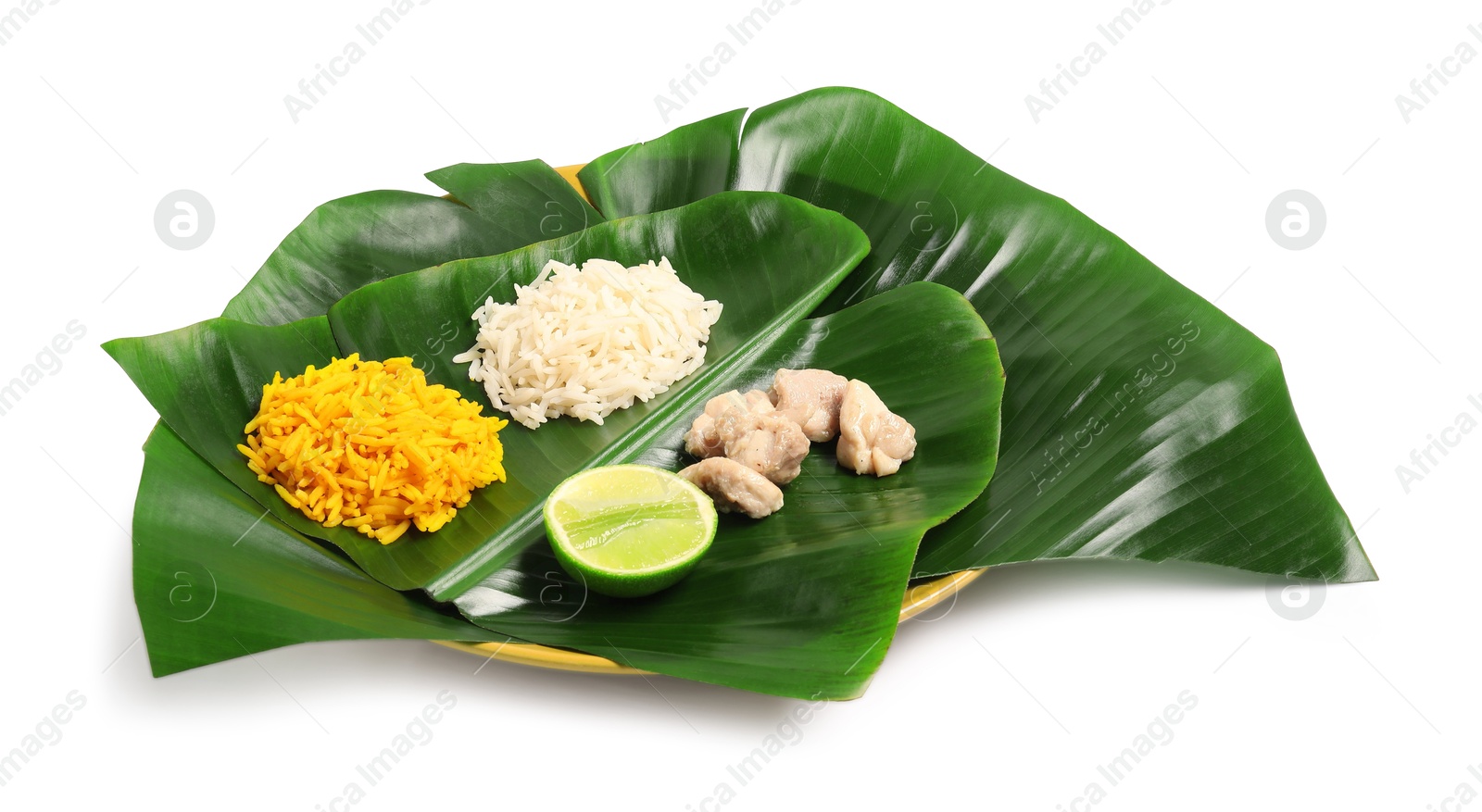 Photo of Cut banana leaves with different food isolated on white. Healthy eco serving