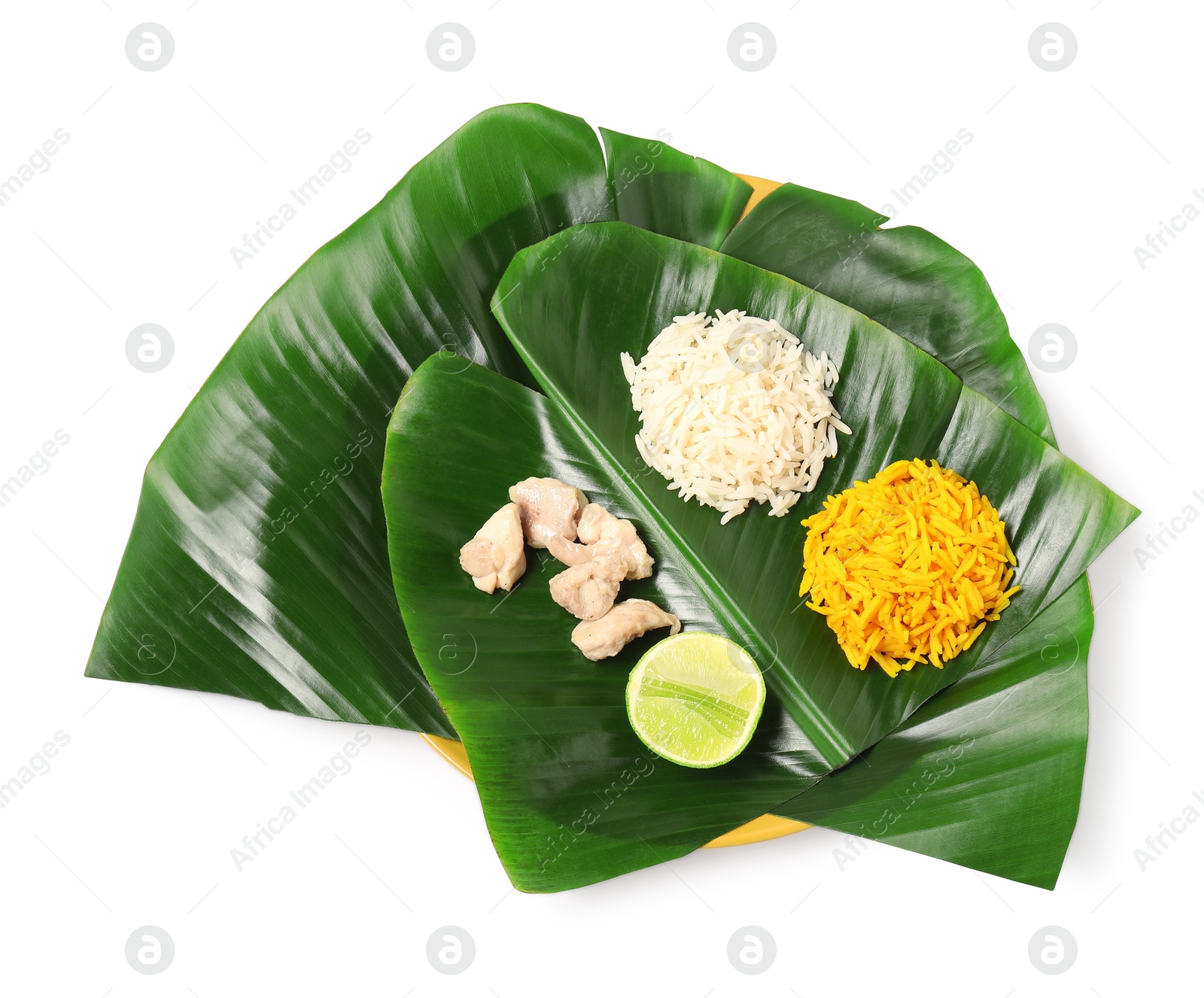 Photo of Cut banana leaves with different food isolated on white, top view. Healthy eco serving