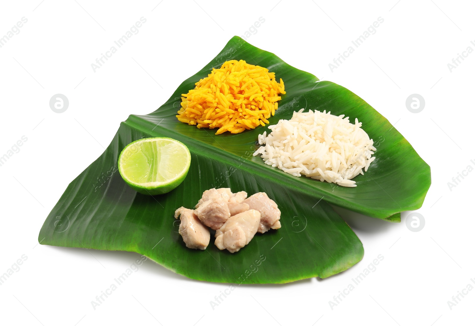 Photo of Cut banana leaf with different food isolated on white. Healthy eco serving