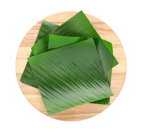 Photo of Pieces of banana leaves isolated on white, top view. Traditional meal serving