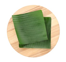 Photo of Pieces of banana leaves isolated on white, top view. Traditional meal serving