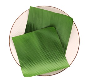 Photo of Pieces of banana leaves isolated on white, top view. Traditional meal serving