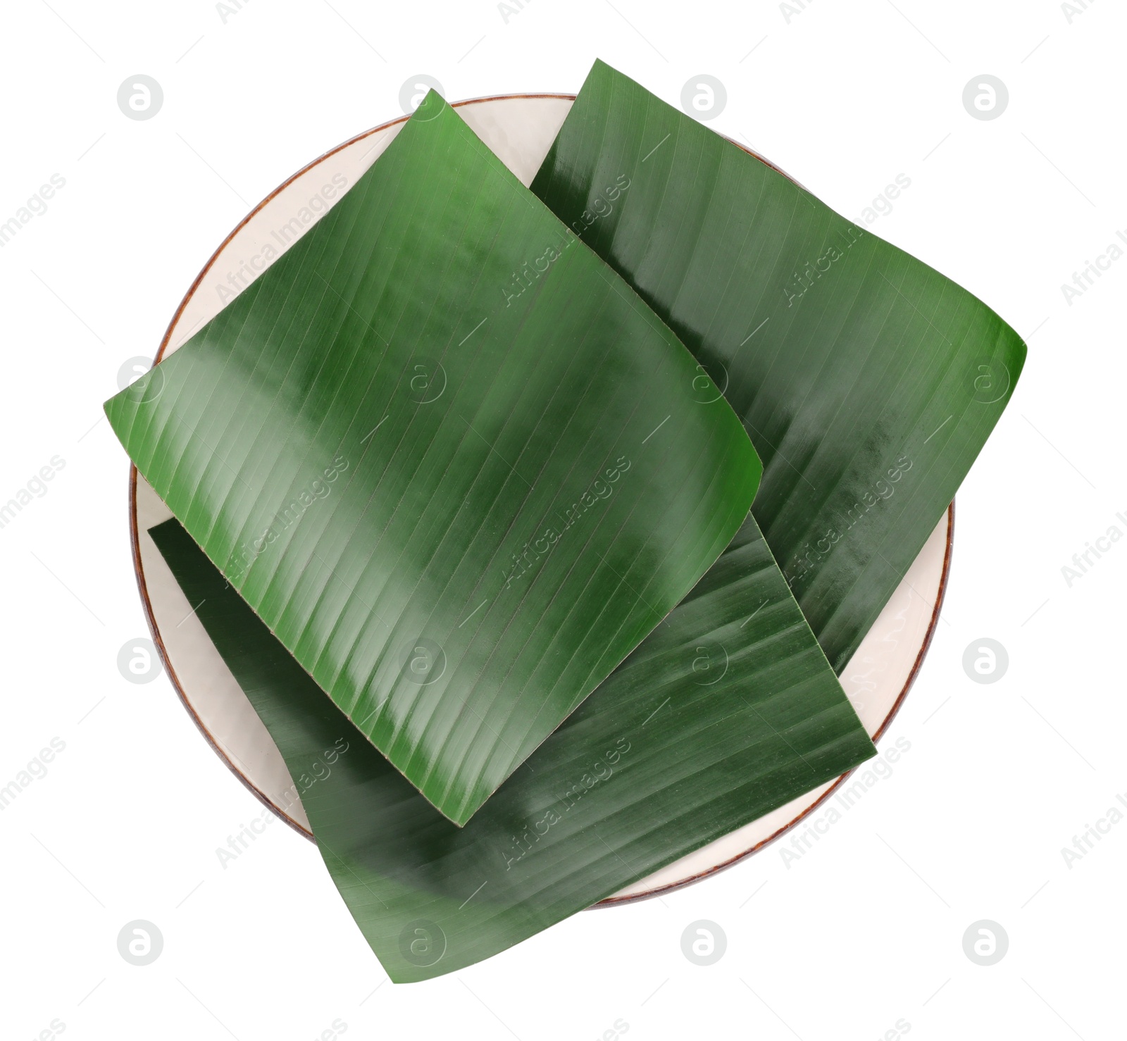 Photo of Pieces of banana leaves isolated on white, top view. Traditional meal serving