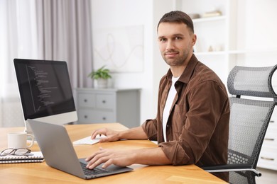 Photo of Programmer working on laptop and computer at wooden desk indoors