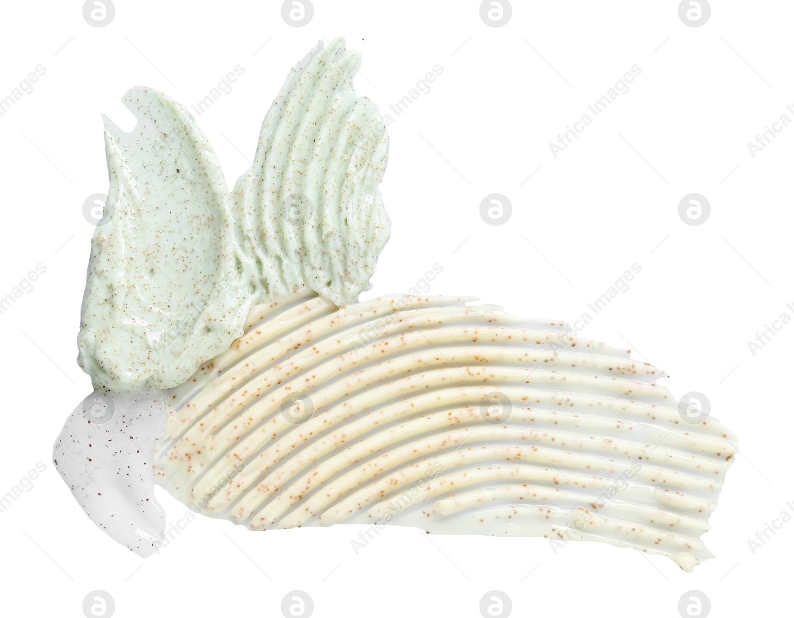 Photo of Samples of different body scrubs isolated on white, top view