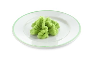 Photo of Plate with hot wasabi paste isolated on white