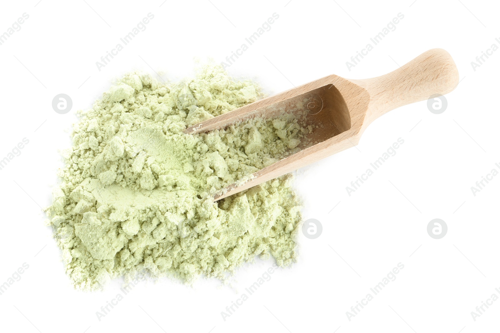 Photo of Scoop and dry wasabi powder isolated on white, top view