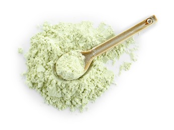 Photo of Spoon and dry wasabi powder isolated on white, top view