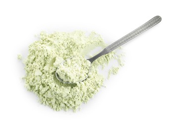 Photo of Spoon and dry wasabi powder isolated on white, top view