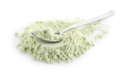 Photo of Spoon and dry wasabi powder isolated on white