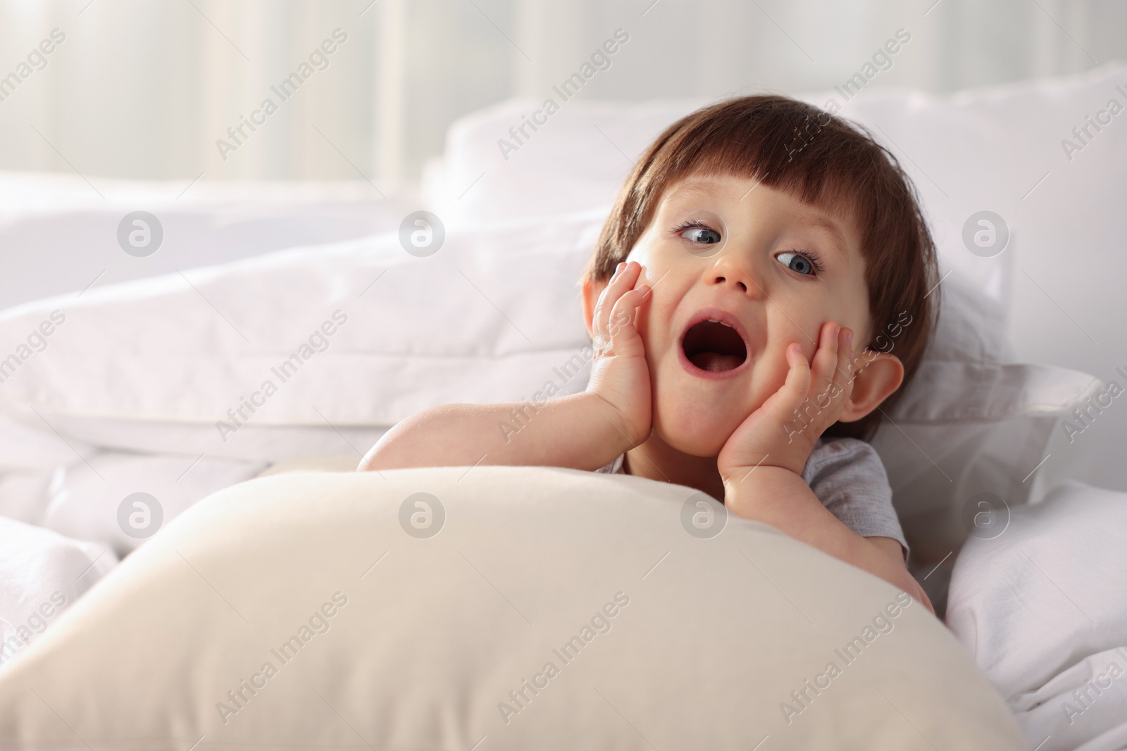 Photo of Cute little boy in bed at home