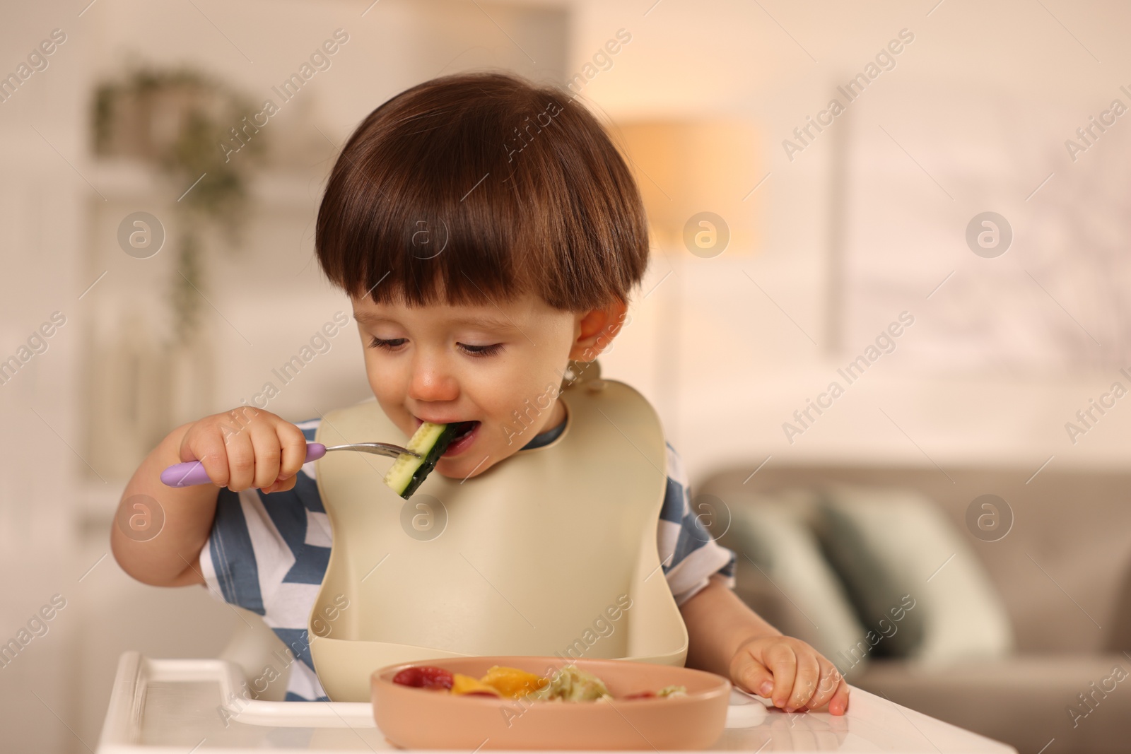 Photo of Cute little boy eating cucumber in high chair at home