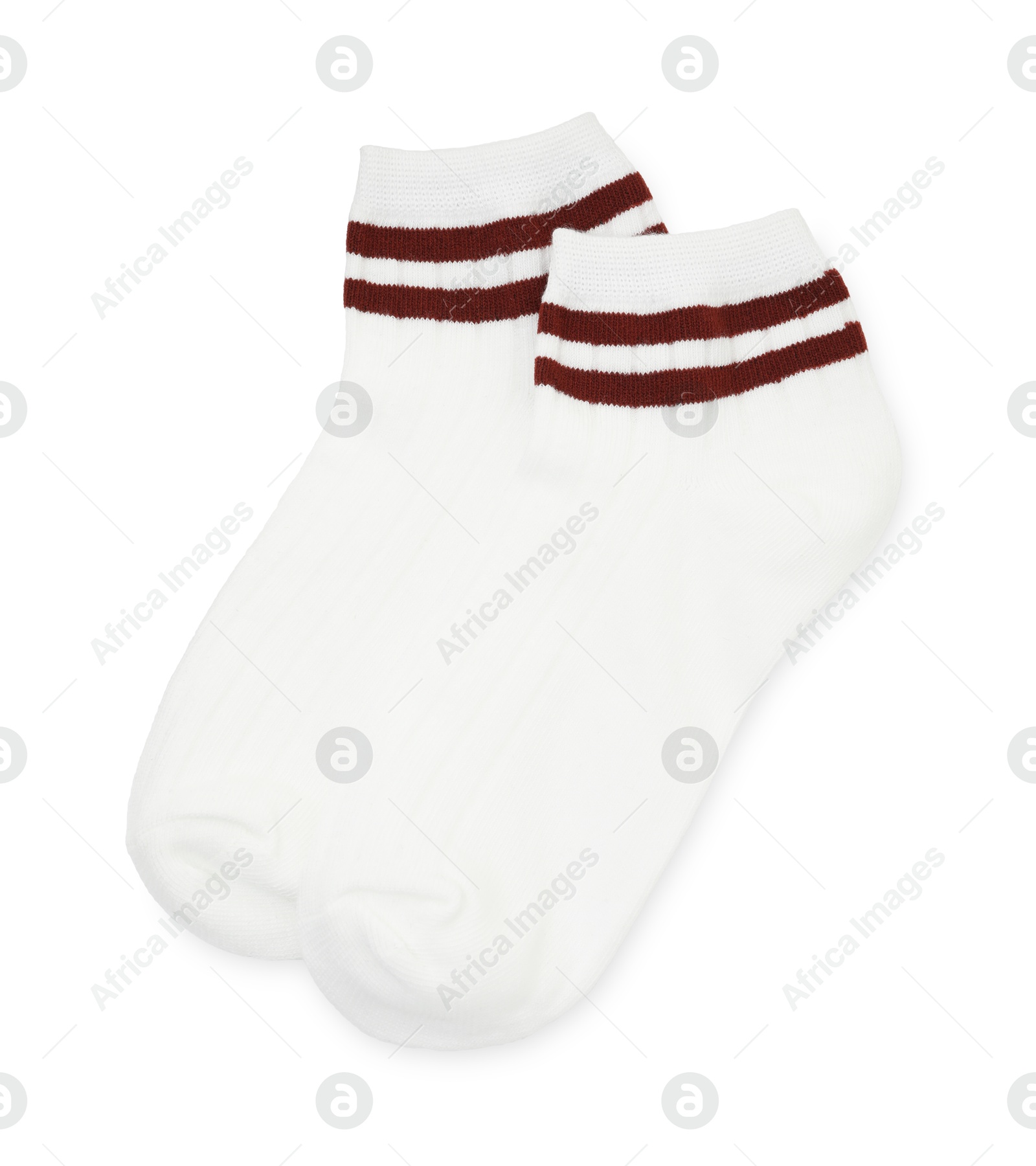 Photo of Pair of soft socks isolated on white, top view