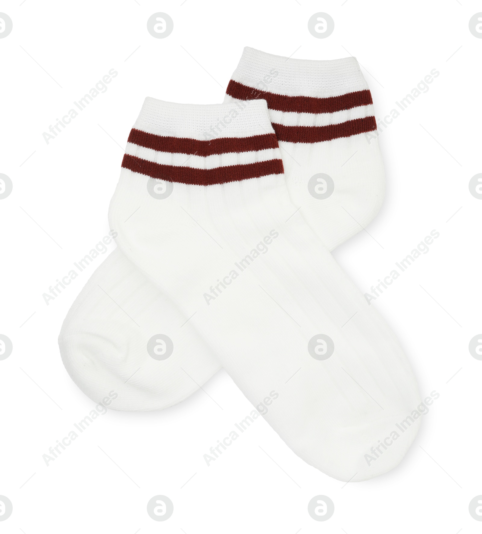 Photo of Pair of soft socks isolated on white, top view