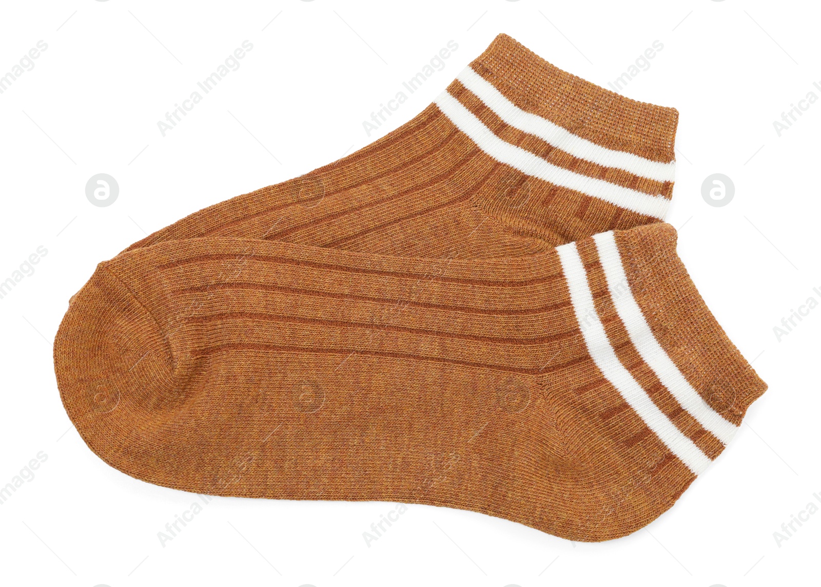 Photo of Pair of soft socks isolated on white, top view