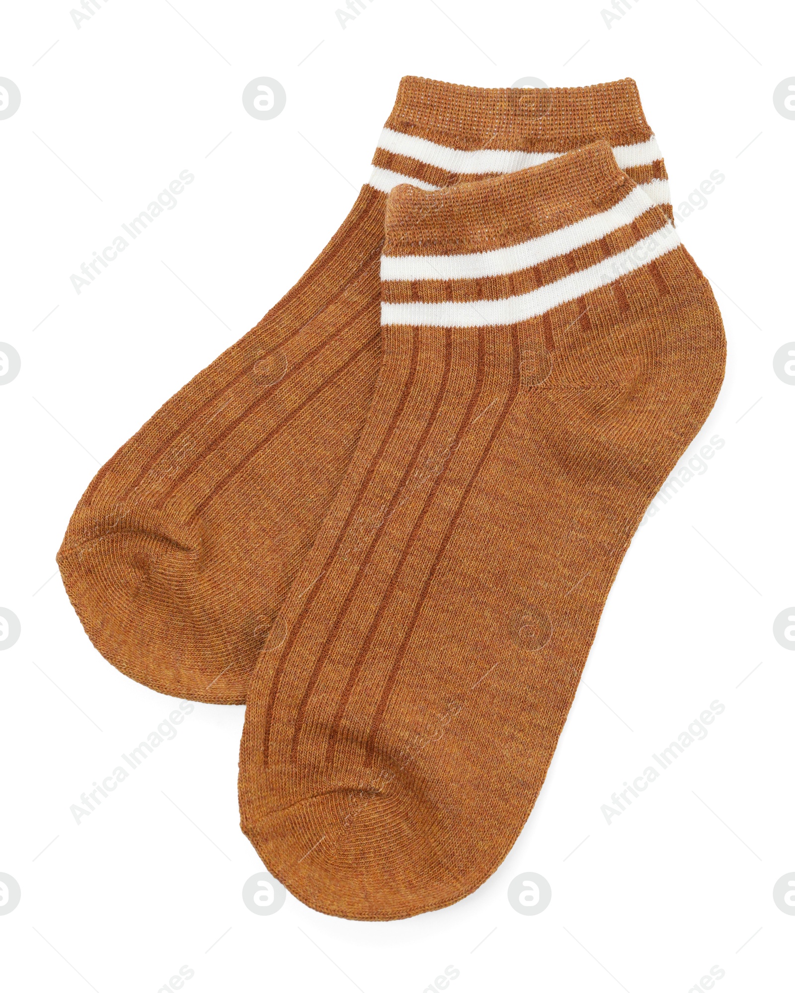 Photo of Pair of soft socks isolated on white, top view