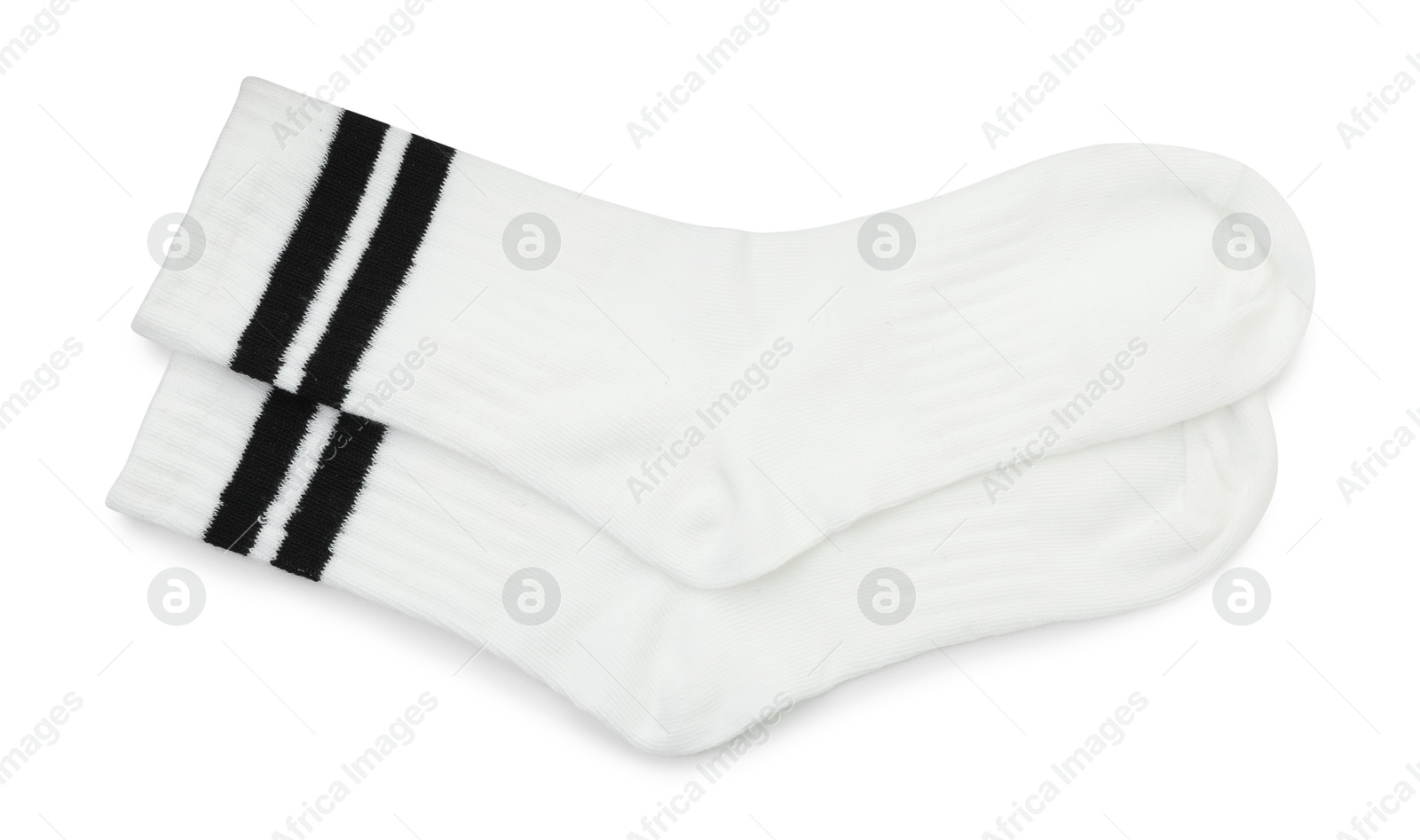 Photo of Pair of soft socks isolated on white, top view