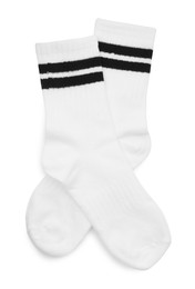 Photo of Pair of soft socks isolated on white, top view