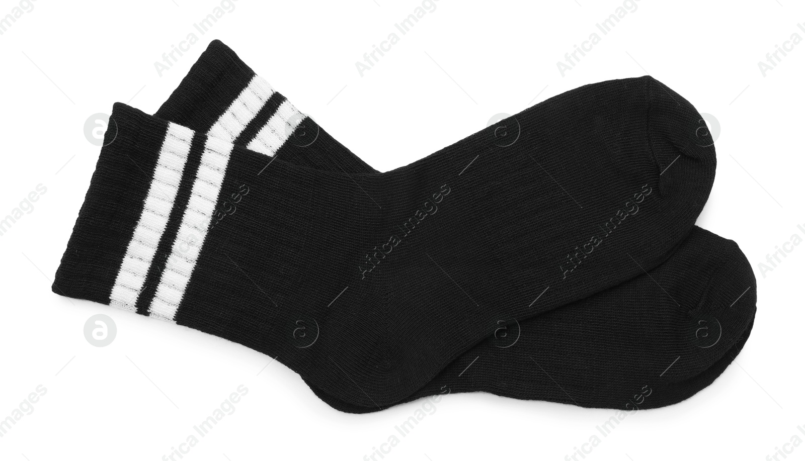 Photo of Pair of soft socks isolated on white, top view