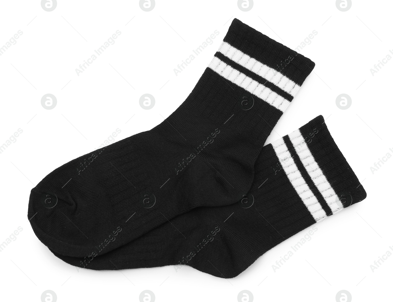 Photo of Pair of soft socks isolated on white, top view