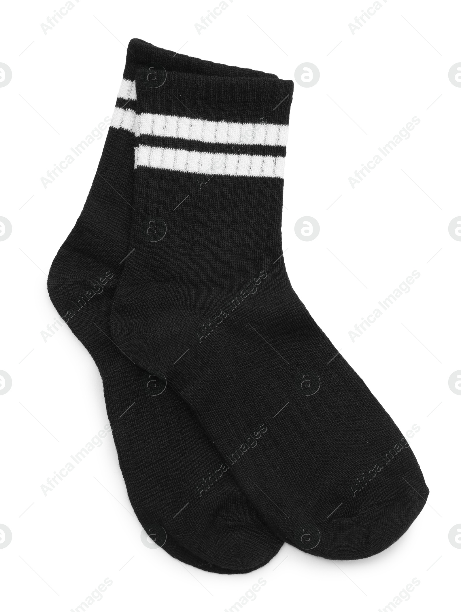 Photo of Pair of soft socks isolated on white, top view