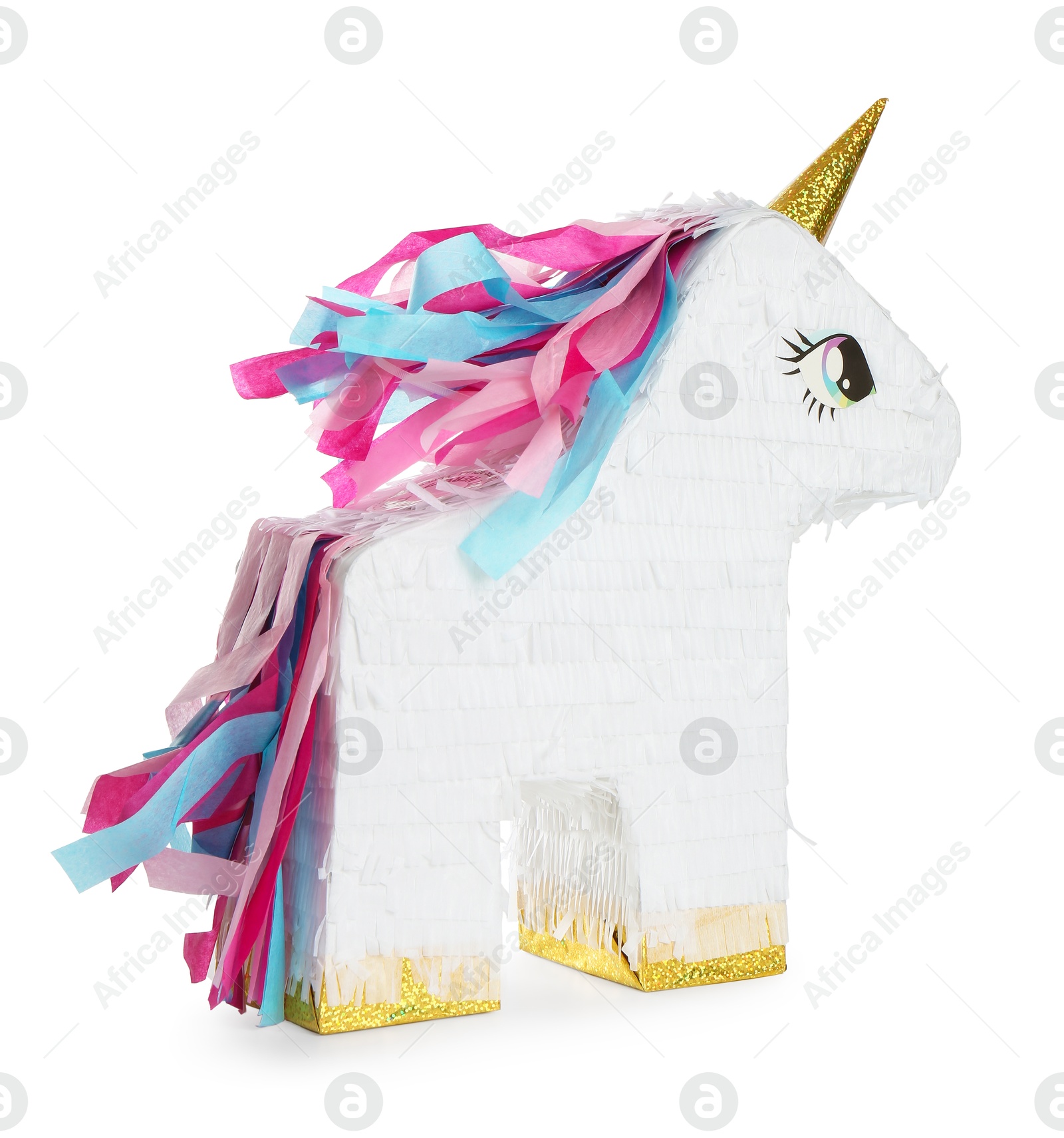 Photo of Colorful unicorn shaped pinata isolated on white