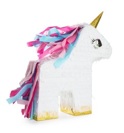 Photo of Colorful unicorn shaped pinata isolated on white