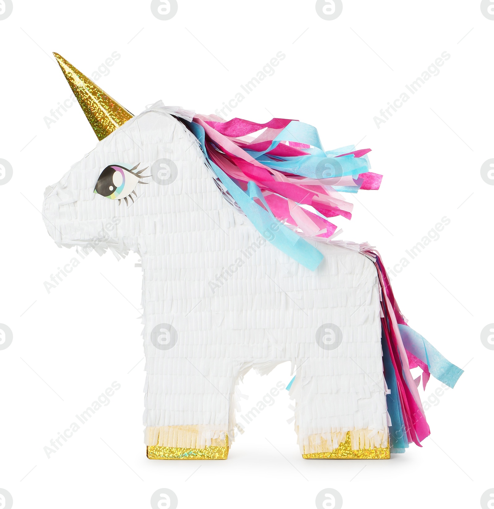 Photo of Colorful unicorn shaped pinata isolated on white