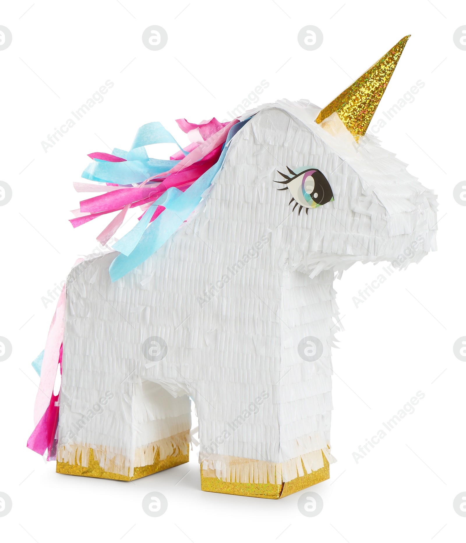 Photo of Colorful unicorn shaped pinata isolated on white