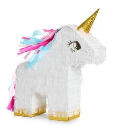 Photo of Colorful unicorn shaped pinata isolated on white