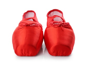 Photo of Pair of beautiful red pointe shoes isolated on white