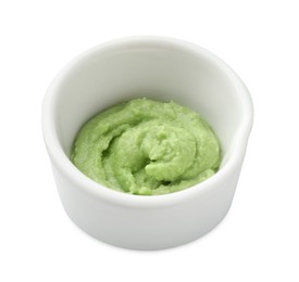 Photo of Hot wasabi paste in bowl isolated on white