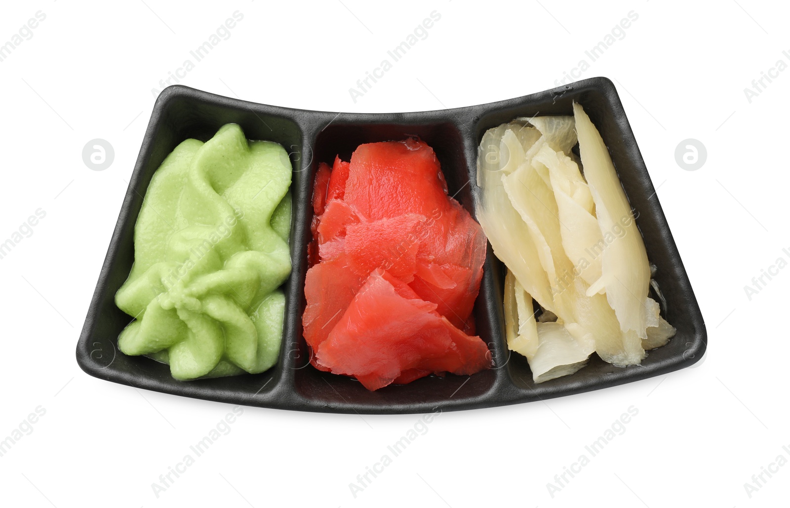 Photo of Hot wasabi paste and ginger isolated on white, top view