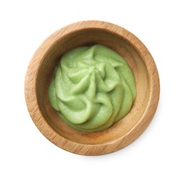 Photo of Hot wasabi paste in bowl isolated on white, top view