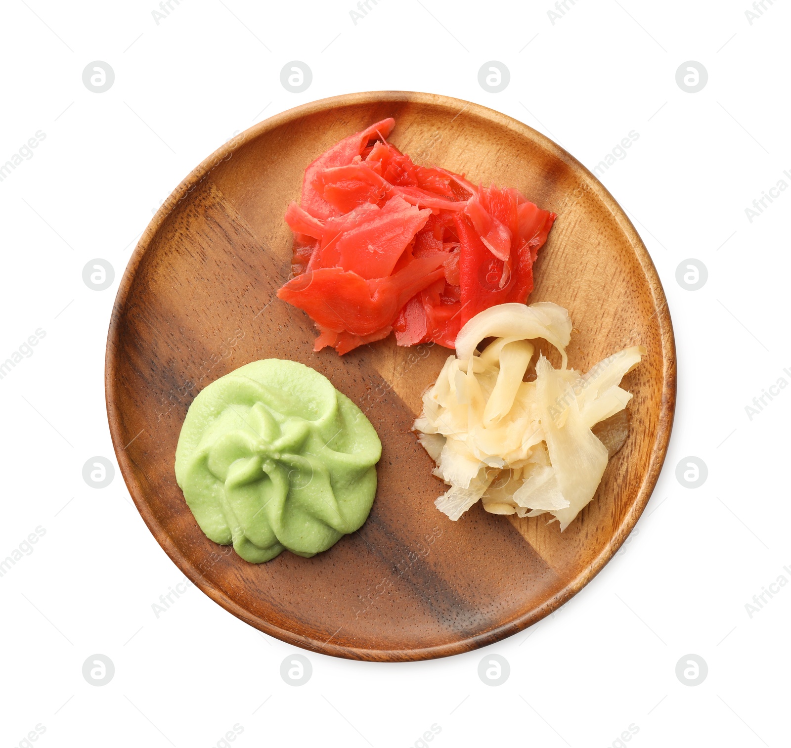 Photo of Hot wasabi paste and ginger isolated on white, top view