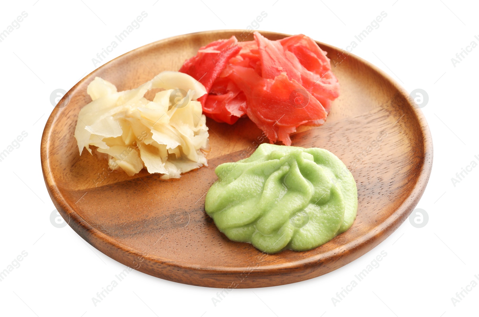 Photo of Hot wasabi paste and ginger isolated on white