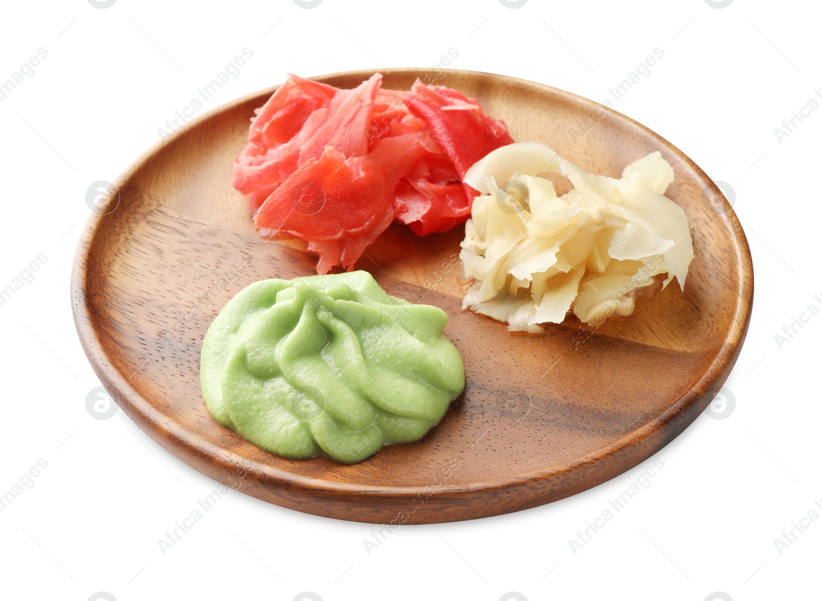 Photo of Hot wasabi paste and ginger isolated on white