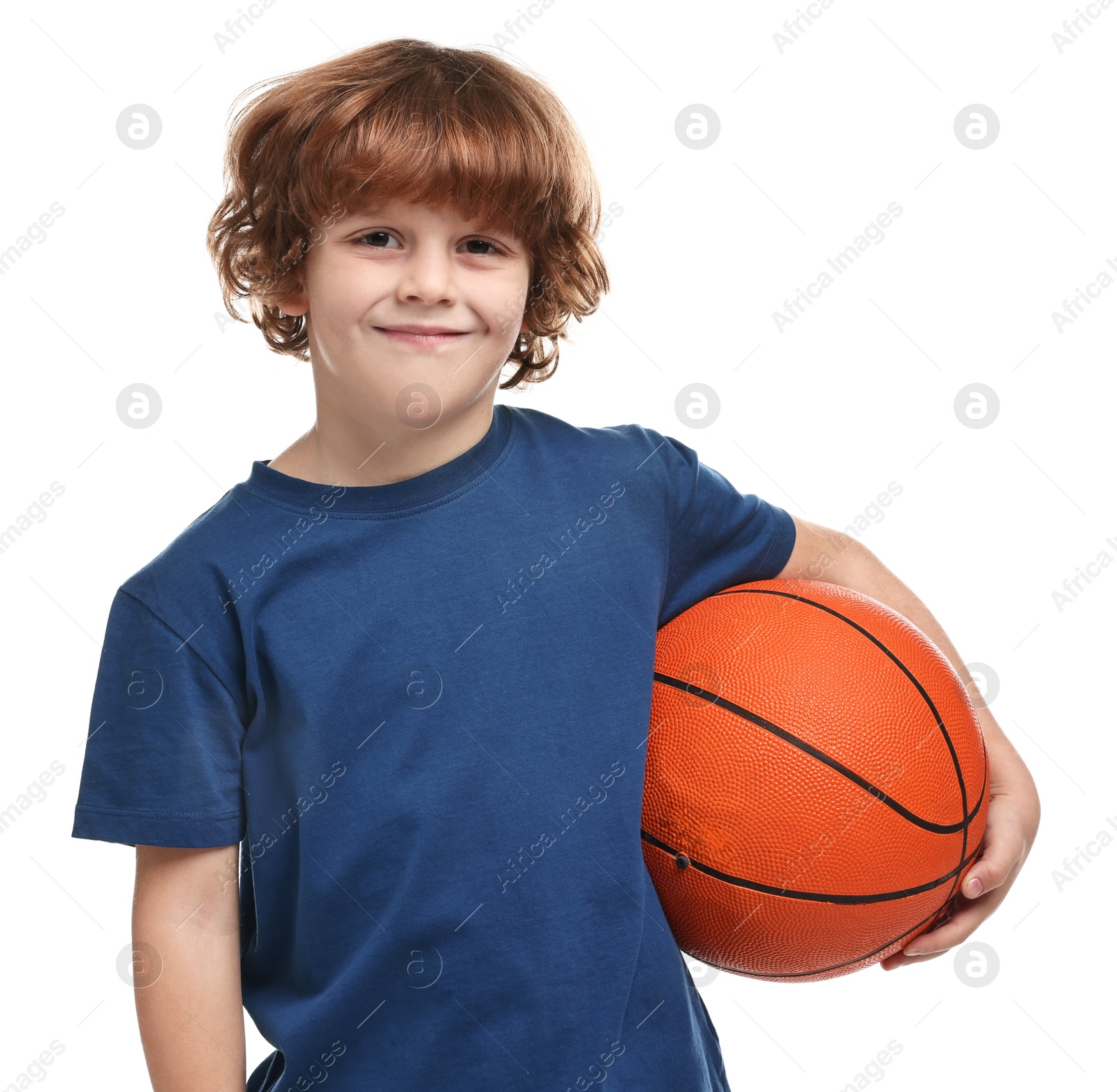 Photo of Little boy with basketball ball on white background