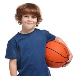 Little boy with basketball ball on white background